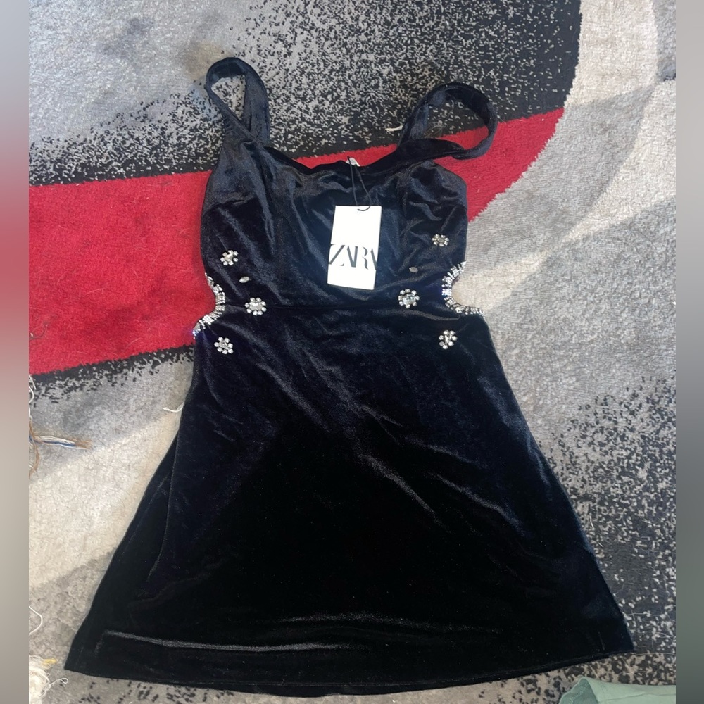 NWT Black velvet Zara minidress with jeweled side cutouts. Never worn with tags.